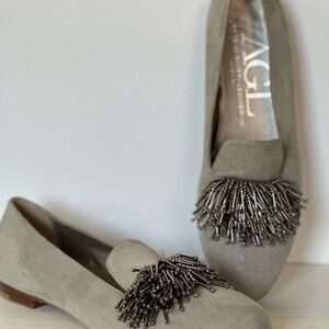 AGL Gray Loafers with Metallic Tassel Detail